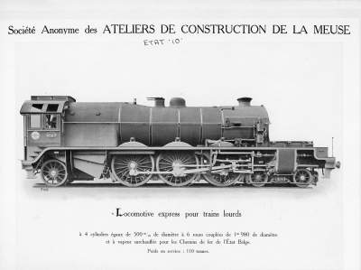 <b>Locomotive express pour trains lourds</b><br>à 4 cylindres égaux de 500 m/m de diamètre à 6 roues couplées de 1m980 de diamètre et à vapeur surchauffée<br>pour les Chemins de fer de l'Etat Belge 